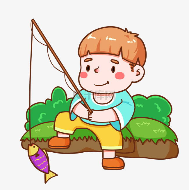 夏季钓鱼的小男孩手绘插画