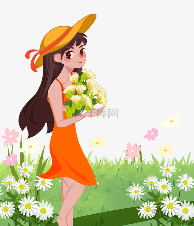 春天女孩摘花