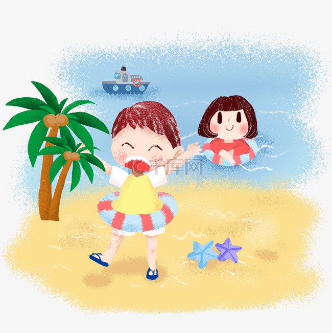 夏日在海边玩耍的孩子