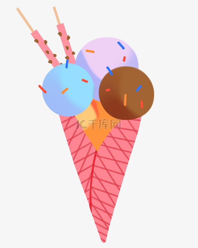 夏日手绘扁平风草莓糖霜冰淇淋