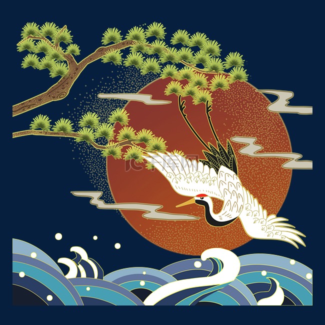 日本浮世绘松树仙鹤素材图片免费下载_高清卡通手绘psd_千库网(图片编号  