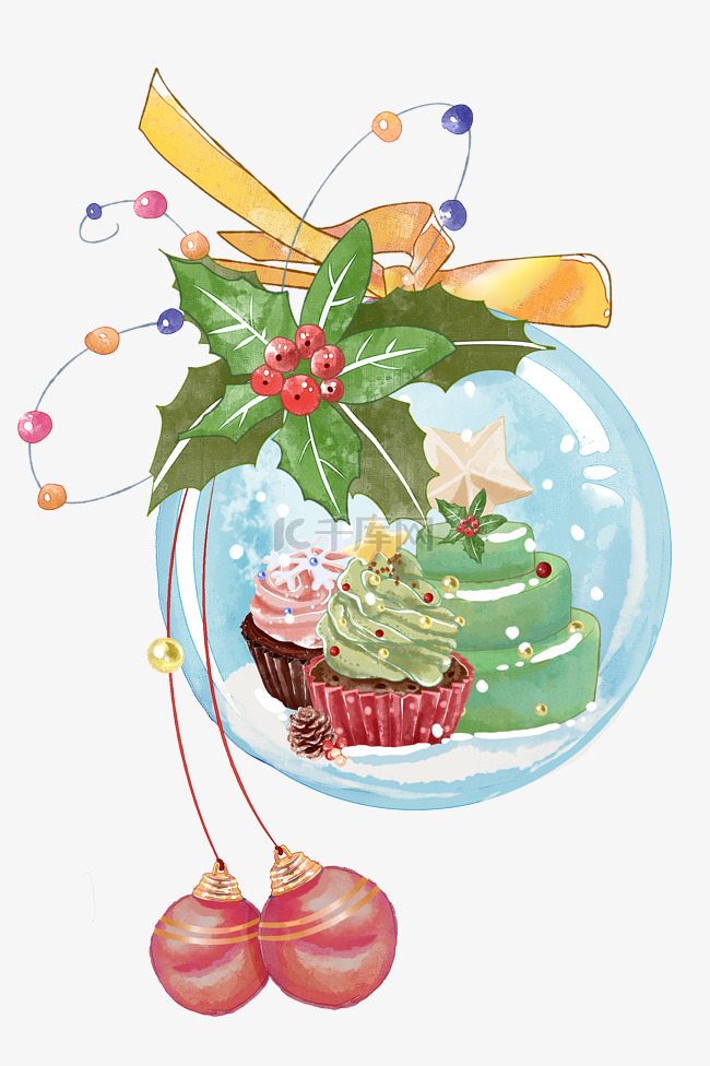 圣诞蛋糕水晶球水彩