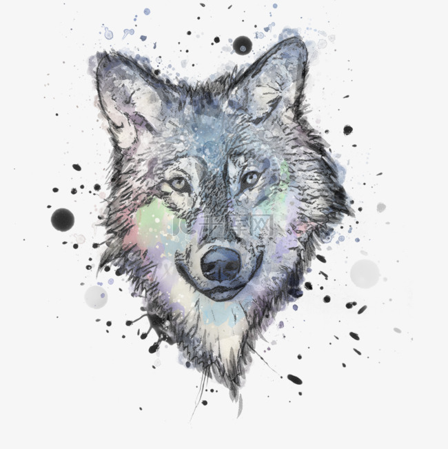 狼头像泼墨手绘水彩素描元素