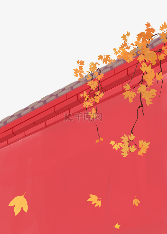 红墙墙壁树叶树枝