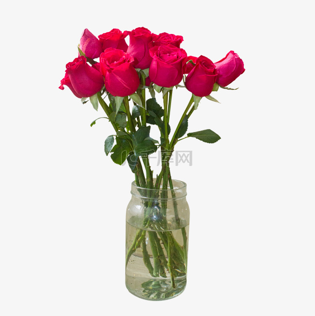 插在玻璃瓶里的红色玫瑰花