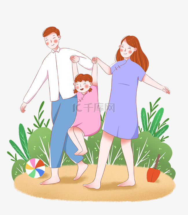 儿童节沙滩玩耍的一家人