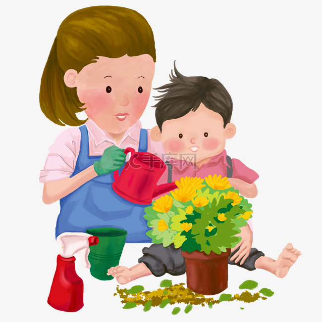 一起浇花的母子