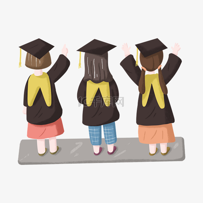 毕业季女生穿学士服一同庆祝背影