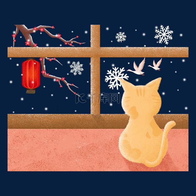 冬季小猫窗户下雪腊梅灯笼节日