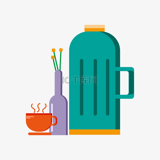 蓝色热水瓶和茶具