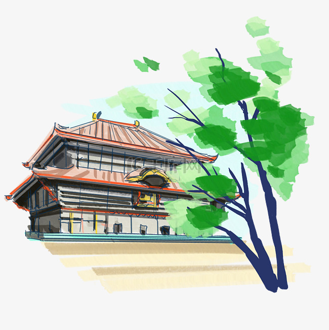 水彩日式旅游建筑