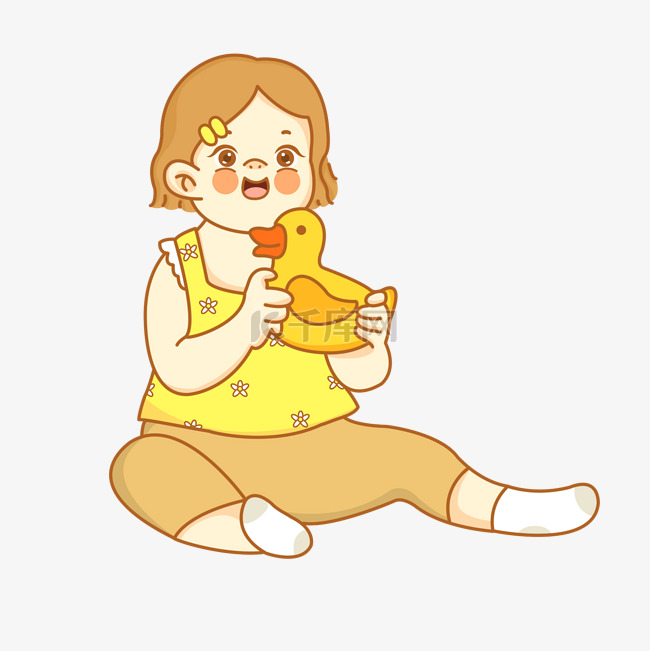 婴儿手拿小黄鸭玩具插图下载