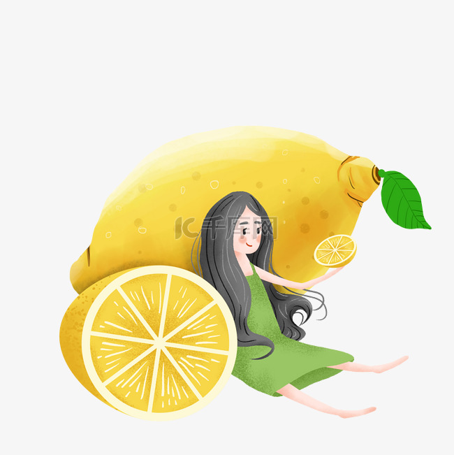 简约喜欢柠檬的女孩插画海报免抠