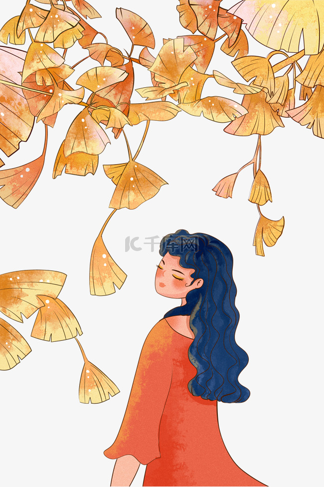 秋天银杏叶与少女
