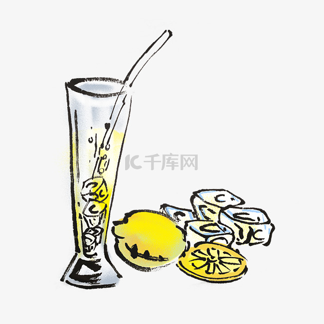 夏天冰爽柠檬果汁手绘插画