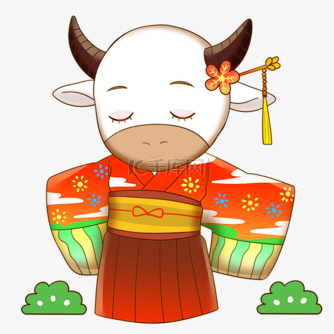 日本新年穿着和服的牛
