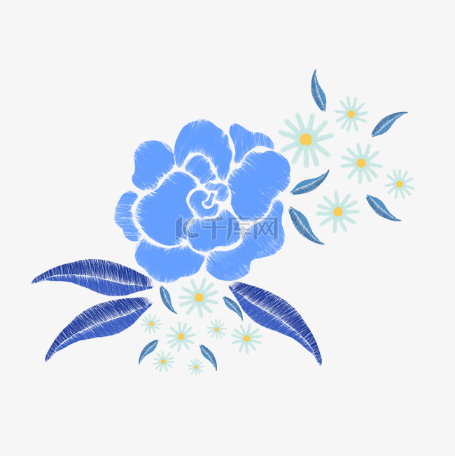 蓝色花朵刺绣