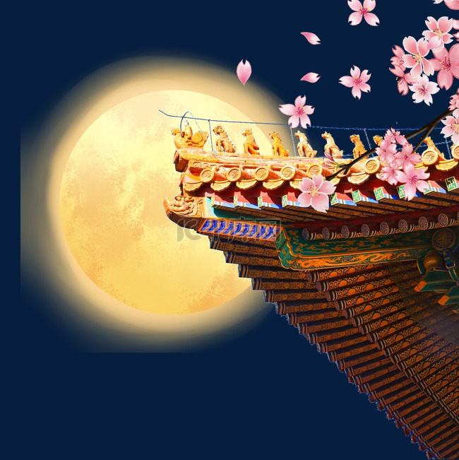 中秋节建筑屋檐月亮