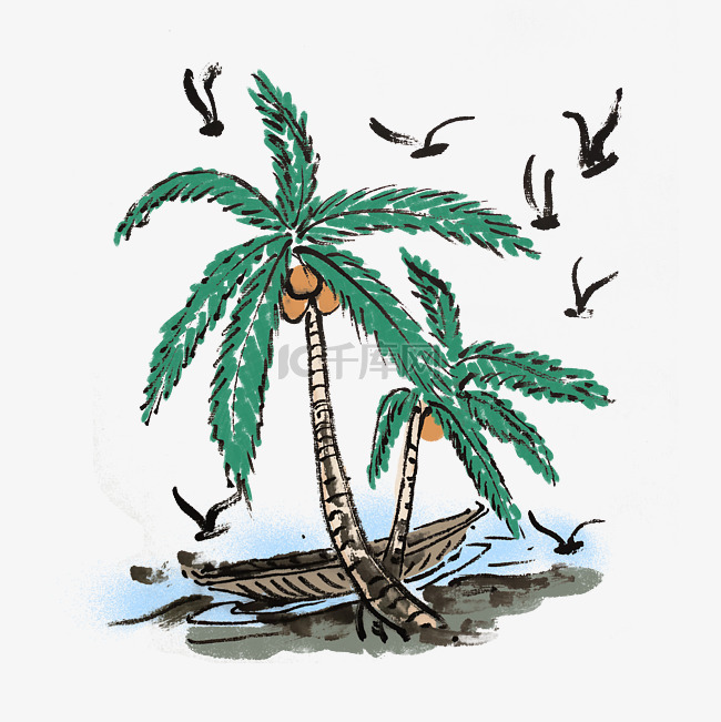 夏天椰树海滩椰子手绘