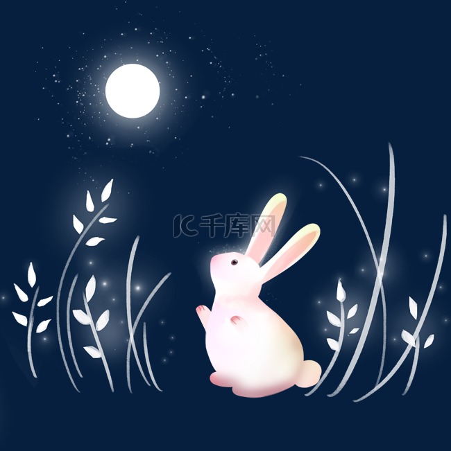 梦幻动物月亮下的可爱兔子