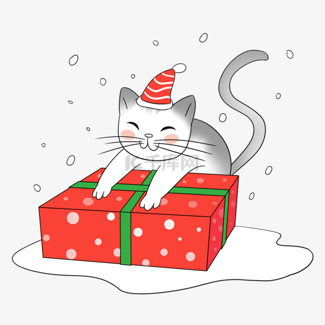 手绘戴圣诞帽的猫咪和礼盒
