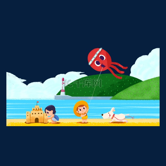 夏天夏日暑假生活海滩沙堡风筝