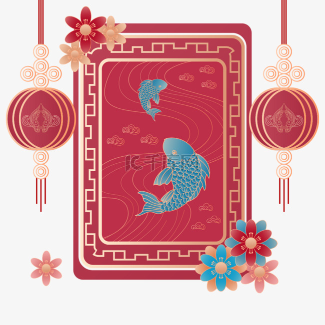 红色中国节日灯笼鲤鱼金色边框