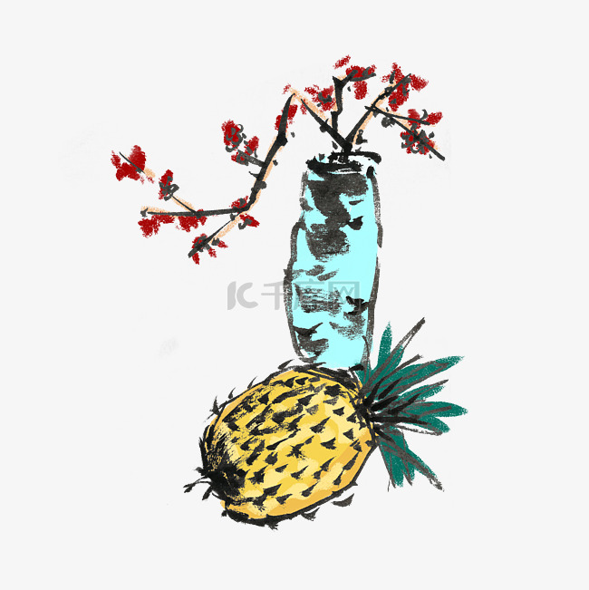 夏天菠萝手绘水墨插画