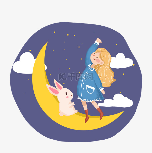 中秋节女孩和月亮玉兔PNG