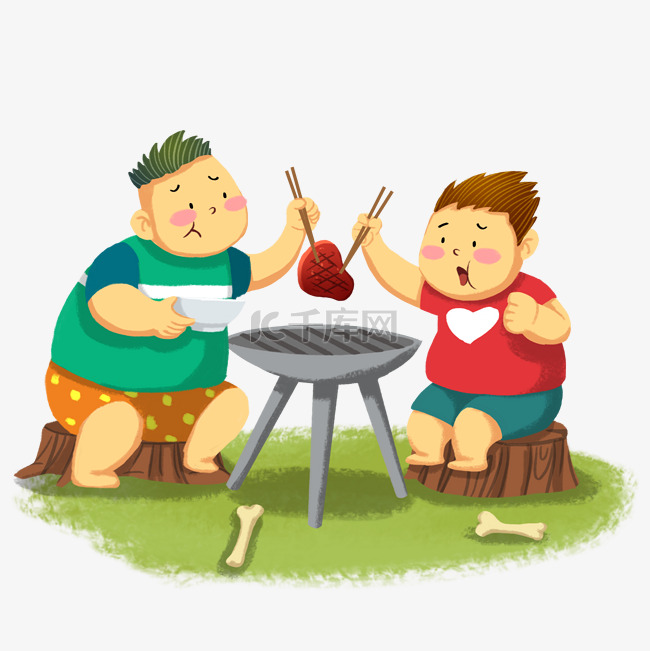 夏日烧烤烤肉人物插画