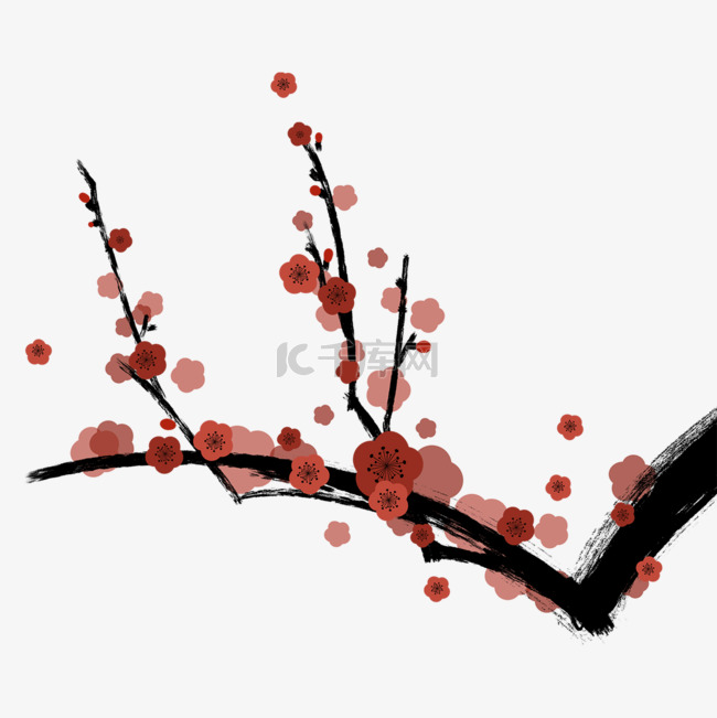 毛笔手绘红色梅花树枝
