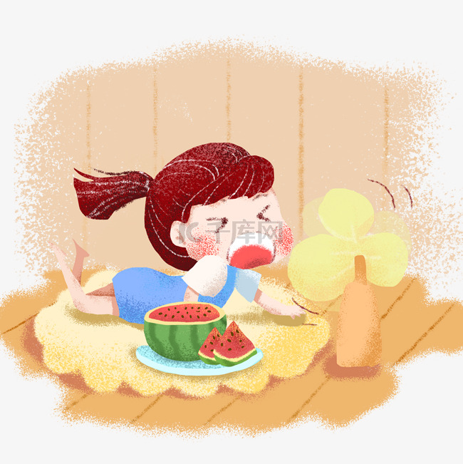 夏日吹风扇的女孩吃西瓜