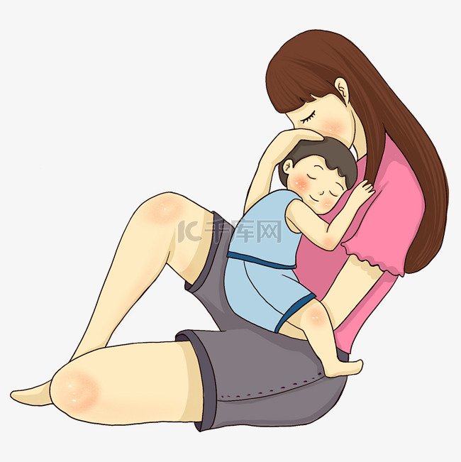 母亲节手绘插画风粉色蓝色午睡母