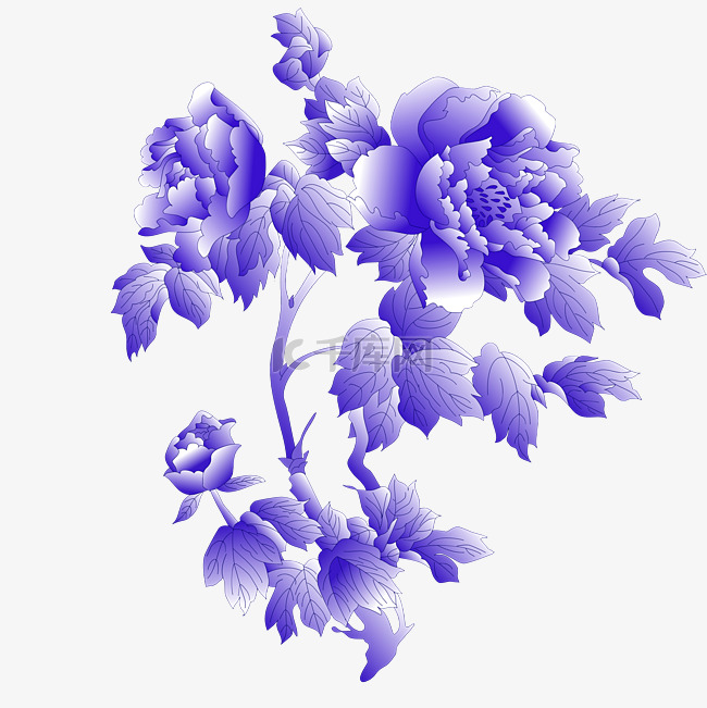 紫色水墨花朵牡丹青花瓷
