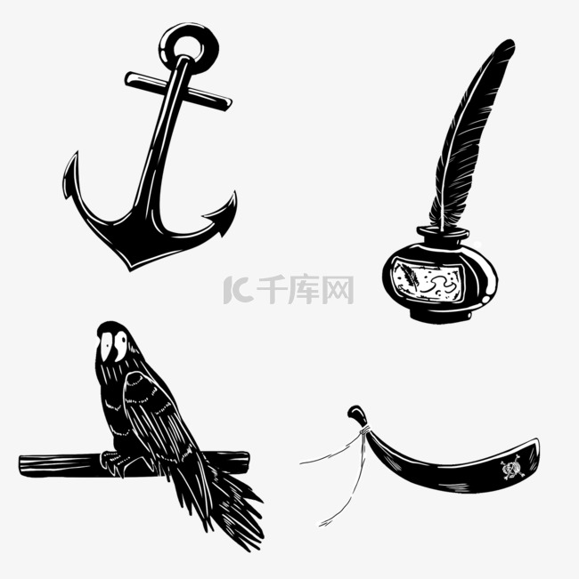 手绘黑白鹦鹉海盗刀具
