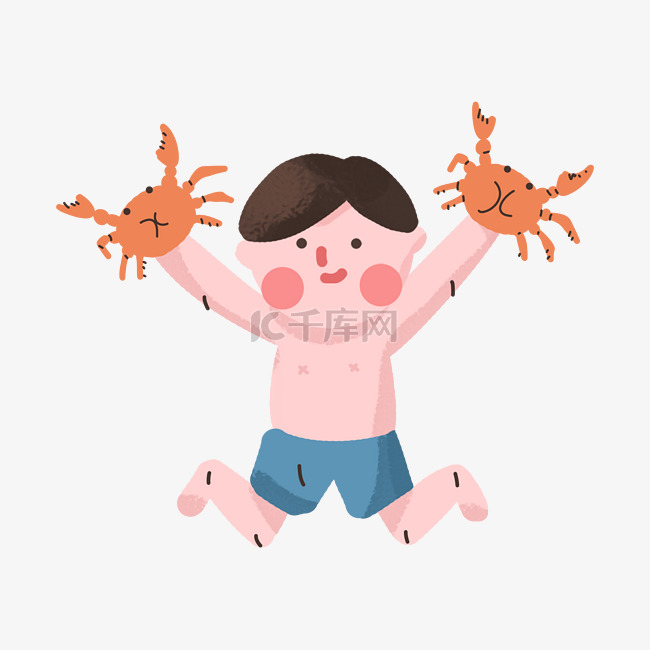夏季抓住螃蟹跳脚的男孩