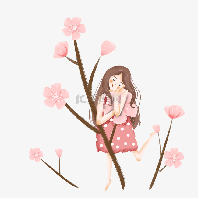 简约抱着樱花的女孩插画海报免抠