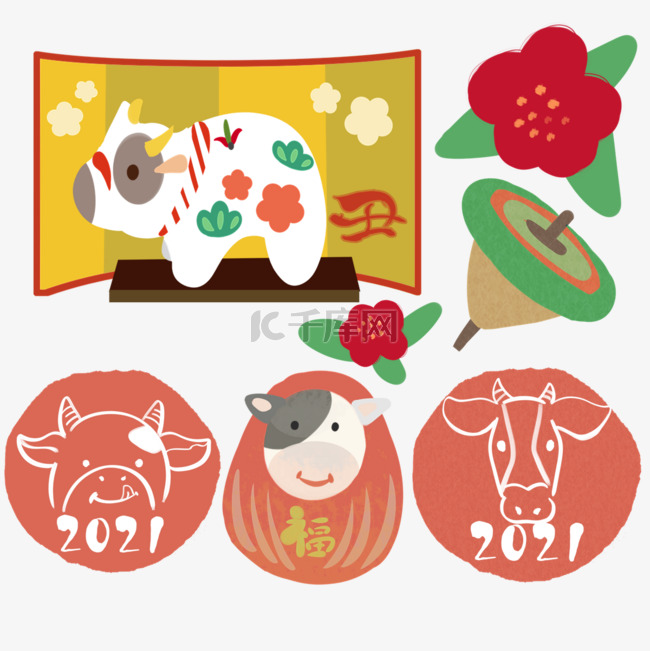 日本新年牛年年贺陀螺玩具小牛组
