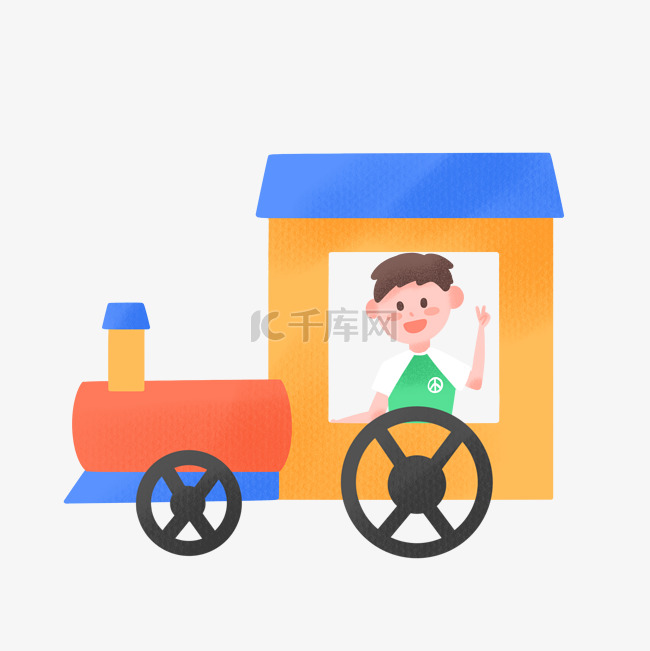 可爱男孩乘坐玩具火车