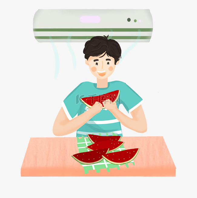 夏天消暑吹空调吃西瓜人物插画