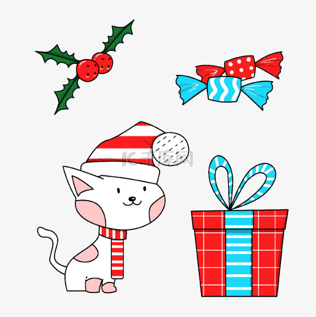 手绘线性礼物盒圣诞小猫