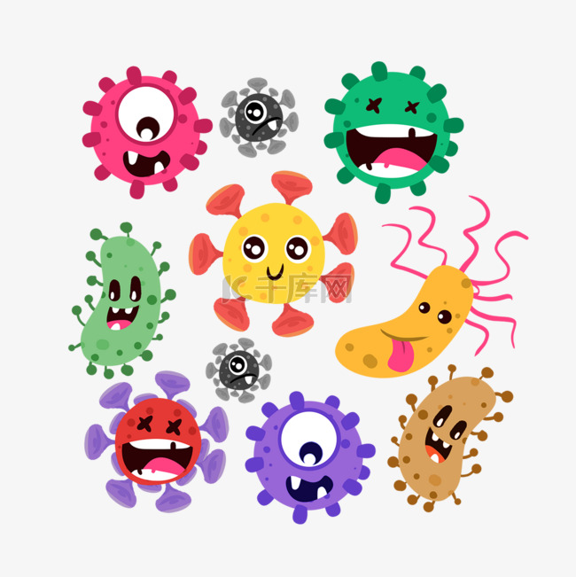 手绘卡通形象的细菌病毒微生物冠