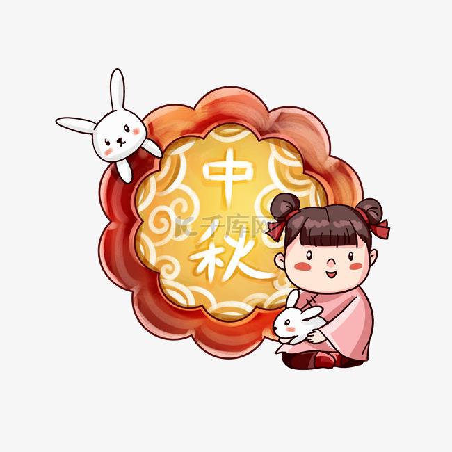 古风月饼与小女孩兔子