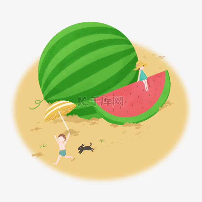 夏天创意手绘沙滩西瓜元素