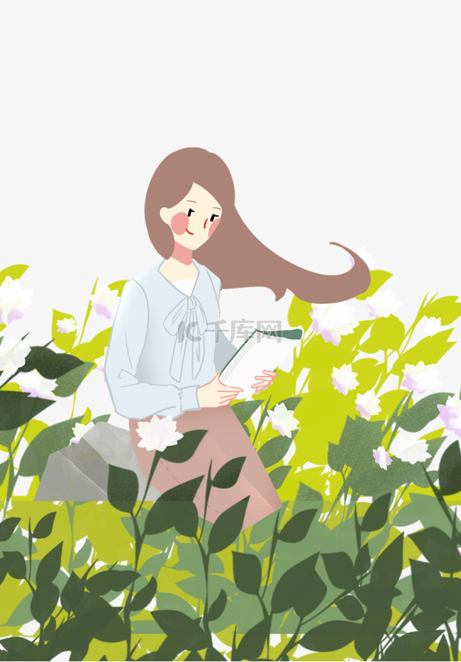 在花丛中看书的小女孩