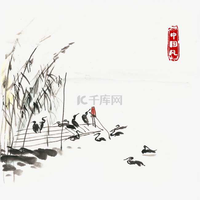 中国风鱼鹰与芦苇