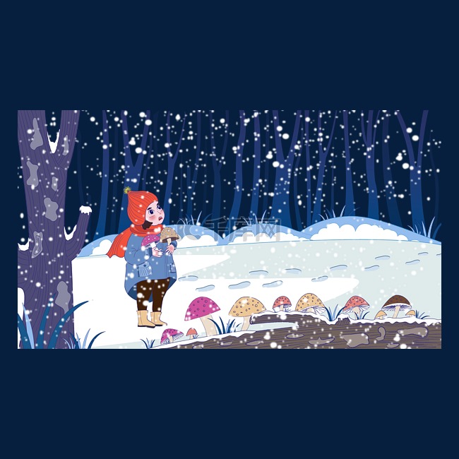 冬季雪地上小女孩采蘑菇