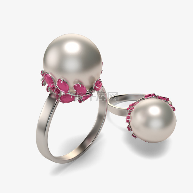 粉色宝石树叶珍珠戒指