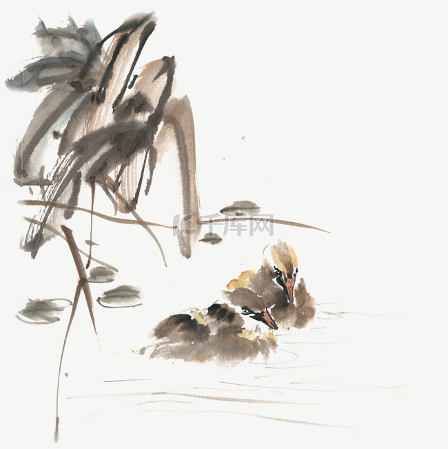 池塘里的水鸟水墨画PNG免抠素材