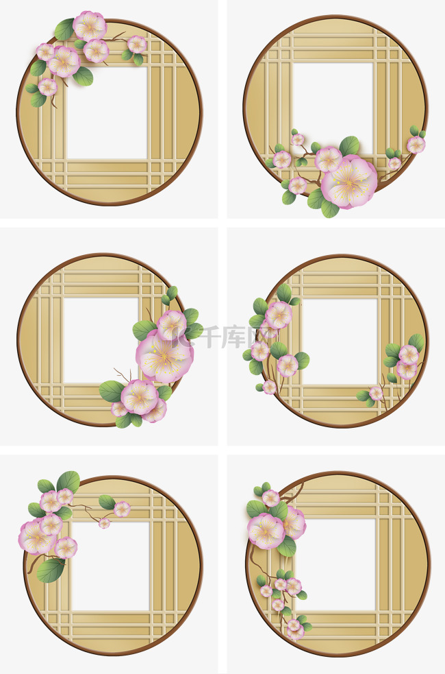 中国风日风窗格和花卉窗框
